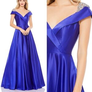 🆕 Mac Duggal Embellished Cap Sleeve V-Neck A-Line Gown in Cobalt